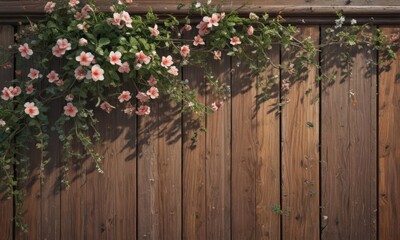Fototapeta premium Distressed wooden fence panel, intricate vine detail, blossoming flowers, antique frame elements , fence, stock, element