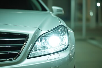 Close-Up View of Modern Silver Car Headlight in Night Setting