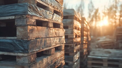 Stacked shipping pallets covered with emergency tarps, field logistics, rough organization tone, Cinematic Scene