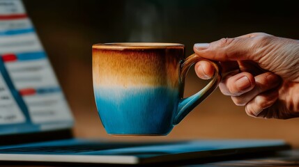 hands reaching for coffee mug with copy space.
