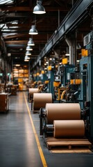 Atmospheric industrial paper manufacturing facility with large kraft paper rolls on production line machinery under vintage pendant lighting in historic factory warehouse