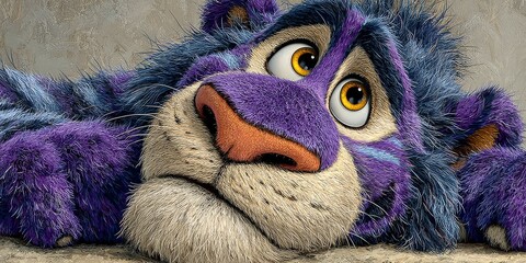 AI-generated image of a friendly purple monster with copy space.