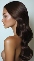 Fototapeta premium Beautiful model girl with Brown hair strand,silky healthy chestnut wavy hair strand,hair wavy ribbon, with smooth,Keratin straightening,Treatment,straight long hair,procedures,Smooth hairstyle.