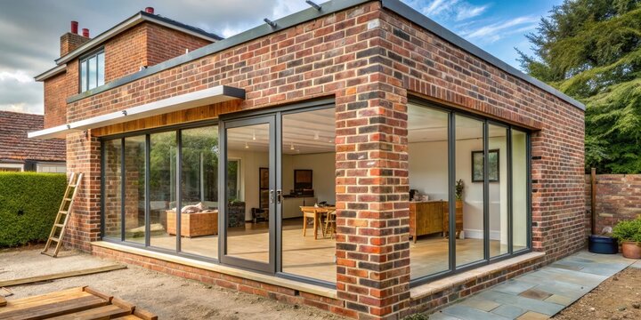 A modern home extension under construction with a large window and exposed brick wall background , construction, modern