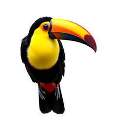 Naklejka premium Striking portrait of a keel billed toucan showcasing its vibrant and colorful plumage against a contrasting scenery