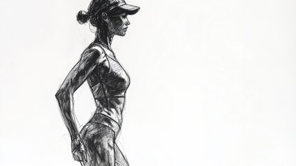 Grayscale sportswear sketch on female model side view,white studio backdrop,technical drawing style,space for text.