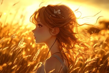 Girl in golden wheat field at sunset