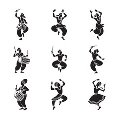 Nine stylized silhouettes depict Indian dancers and musicians in dynamic poses, celebrating a traditional festival.