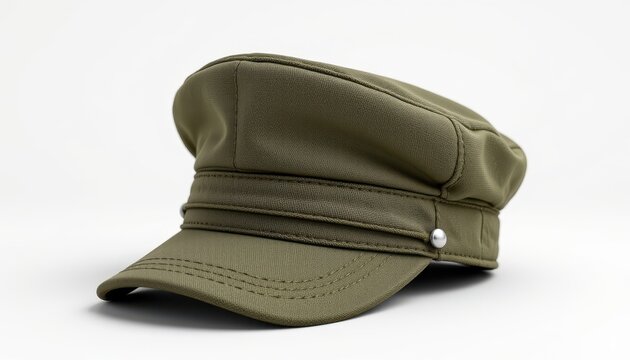 a classic army hat, meticulously crafted in a 3d render, stands majestically isolated against a crisp white background