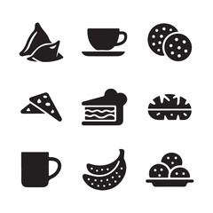 This set of nine icons depicts various food items, including samosas, cookies, teacup, cake, banana, and dumplings, presented in a flat, minimalist design.