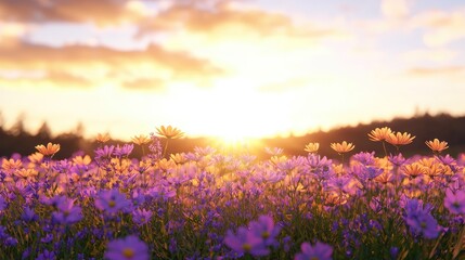 Capture the vibrant spirit of a meetup in nature, showcasing blooming flowers in radiant tones and soft lavender hues under crisp sunlight from a first-person perspective.