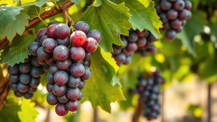 Naklejka premium Ripe Red Grapes Hanging on Vine in Lush Vineyard