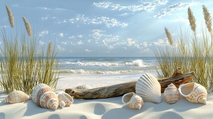 Seashells on sandy beach with driftwood and ocean view under blue sky