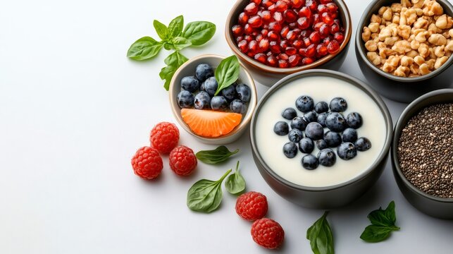 Yogurt with blueberries, chia seeds, walnuts, pomegranate seeds and raspberries creating healthy breakfast