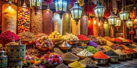 Traditional Arabian spice market stall at night with colorful lanterns and vibrant flowers , stalls, market,  stalls