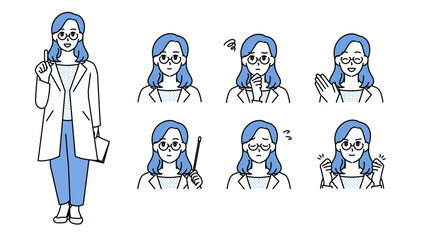 白衣姿の女性医師イラスト素材セットA（全身・バストアップ／感情豊かな表情＆ポーズ）
