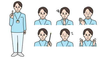 制服姿の男性看護師イラスト素材セットA（全身・バストアップ／感情豊かな表情＆ポーズ）