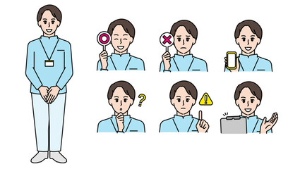 Obraz premium 制服姿の男性看護師イラスト素材セットB（全身・バストアップ／感情豊かな表情＆ポーズ）