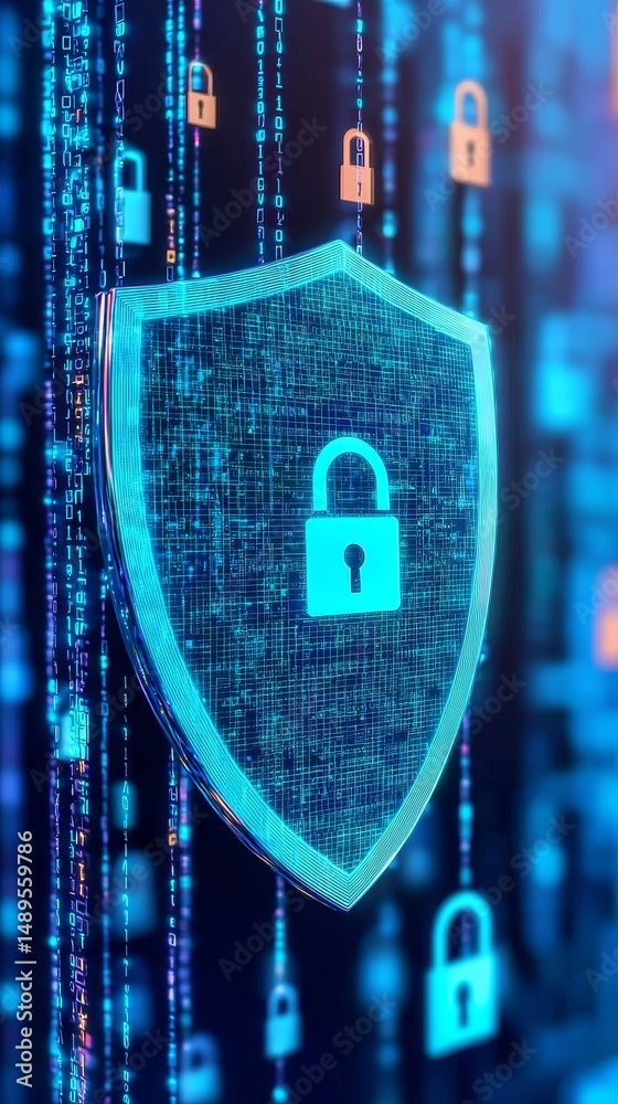 Poster digital shield with locks representing cybersecurity and data protection.