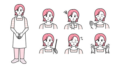 制服姿の女性保育士のイラスト素材セットA（全身・バストアップ／感情豊かな表情＆ポーズ）