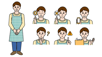 制服姿の男性保育士のイラスト素材セットB（全身・バストアップ／感情豊かな表情＆ポーズ）