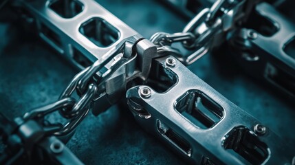 Close up of interlocking metallic chains with reflective surfaces