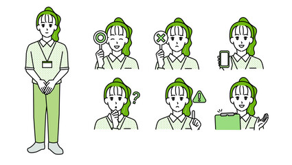 制服姿の女性介護士のイラスト素材セットB（全身・バストアップ／感情豊かな表情＆ポーズ）