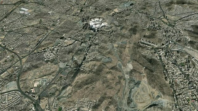 Mecca Aerial City Map with Al Masjid Al Haram, Cloud Animation