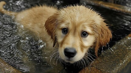 A young, wet, canine with fur, in water.