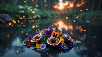 Figs and Flowers Floating on Water Reflecting Forest Sunset Glow