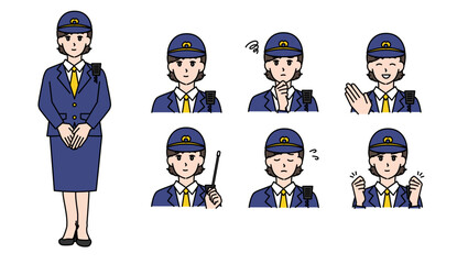 制服姿の女性警察官のイラスト素材セットA（全身・バストアップ／感情豊かな表情＆ポーズ）