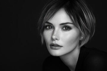 Fototapeta premium black and white close-up portrait of a young woman with short hair, freckles, and expressive eyes looking directly at the camera with a calm and thoughtful expression
