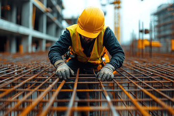 A Construction Worker Kneels on Steel Framework at a Building Site