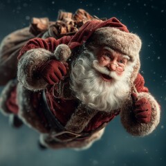 Santa Claus flying in his sleigh with gifts and waving, leaving on Christmas Eve.