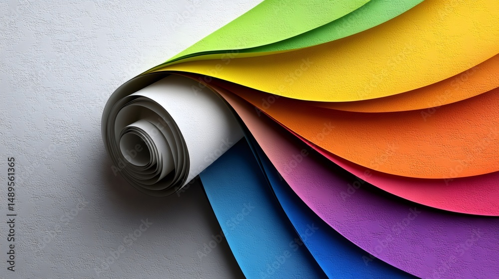 Wall mural rolled material unrolling showing a colorful spectrum on white background