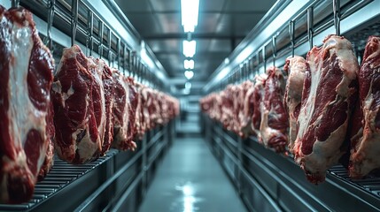 Large cuts of beef hanging in a refrigerated room of a meat processing plant