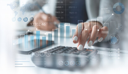Finance, business and investment, market research and data analysis. Business woman calculating financial report, business analysis, budgeting with financial graph growth chart