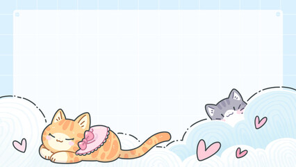 Pastel colored background frame decorated with hearts, cats and clouds for writing messages.