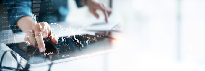 Stock market, business data analysis, Businessman, finance analyst analyzing business data report and stock market trading graph  with economic growth chart, finance and investment, market research