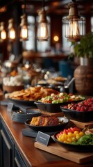 Obraz premium Warm inviting gourmet buffet with rustic hanging lanterns illuminating fresh berries, colorful vegetables, and savory dishes on wooden serving table in upscale restaurant dining atmosphere