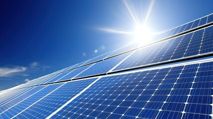 Solar panels against bright blue sky renewable energy and sustainable technology