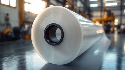 Fototapeta premium Large roll of transparent plastic film resting on industrial factory floor with machinery in blurred background and warm lighting