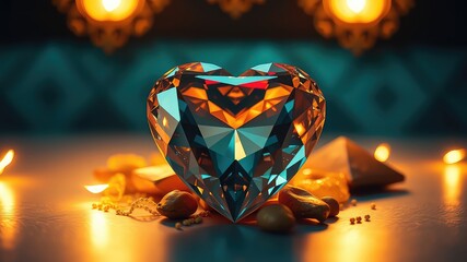 Fototapeta premium A heart-shaped gemstone rests on a surface illuminated by warm light, surrounded by small, smooth stones and beads.