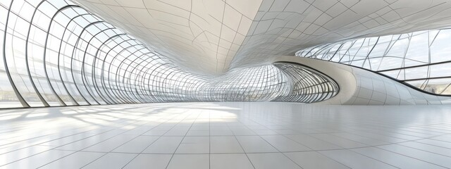 Modern Architectural Interior Design: A Panoramic View of a White, Curved Space with Large Windows