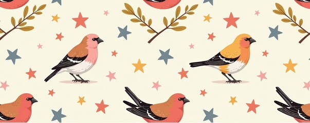Seamless pattern of adorable bullfinches and stars in soft pastel colors, bullfinches, pattern, cartoon