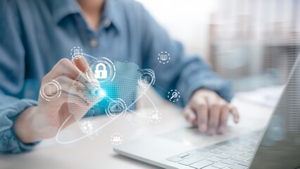 Businessmen interacting with a digital globe and global network icons, representing global business strategy, international trade, digital economy, and worldwide communication.