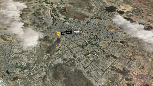 Madinah Aerial City Map Animation with Al Masjid An Nabawi &ndash; English Location Label and Cloud Animation