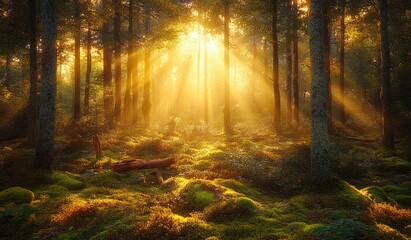 Fototapeta premium Sunlight rays streaming through tall trees in a dense forest with mossy ground, creating a warm and serene atmosphere