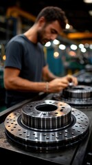 Obraz premium Focused young male technician inspecting mechanical parts in automotive manufacturing factory with metal brake disc rotor in foreground, industrial engineering environment