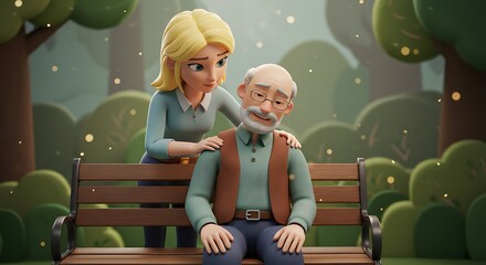 Supportive animated woman comforts older man on park bench, offering empathy in a peaceful outdoor setting.